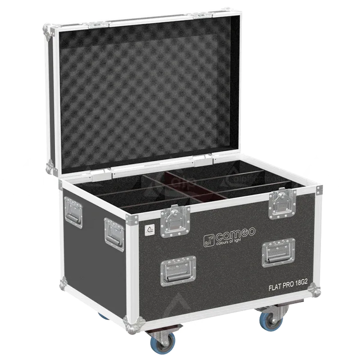 Empty flight case for 6x Cameo FLAT PRO 18 G2 with precision-cut compartments and accessory storage