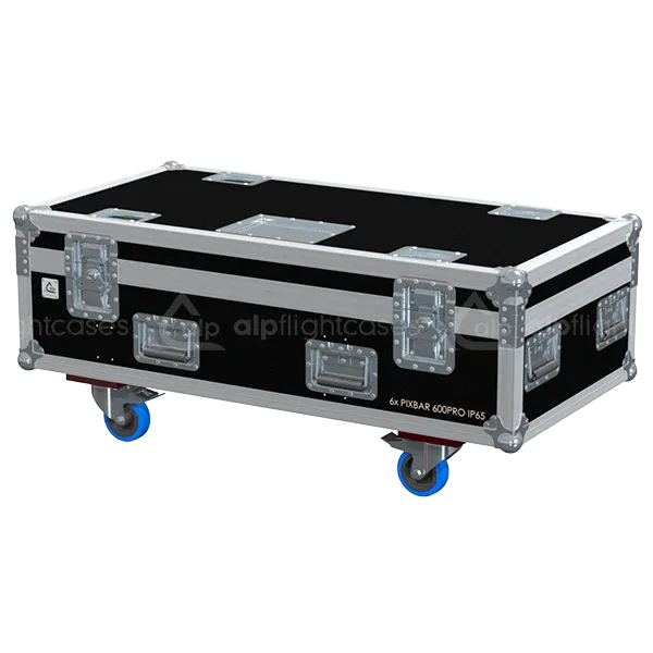 ALP FLIGHT CASES front view of 6x Cameo PixBar 600 Pro IP65 lighting flight case with heavy-duty touring hardware and wheels