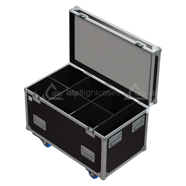 Empty flight case for 6x Cameo Studio PAR 64 showing precision-cut vertical slots and accessory storage