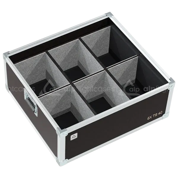 Empty flight case for 6x Cameo TS 40 WW showing precision-cut vertical slots and central accessory storage