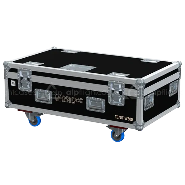 ALP FLIGHT CASES front view of 6x Cameo Zenit W600 flight case with heavy-duty touring hardware and wheels