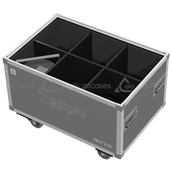 6 Cameo ZENIT Z180 LED PAR fixtures stored in custom CNC foam compartments for secure transport