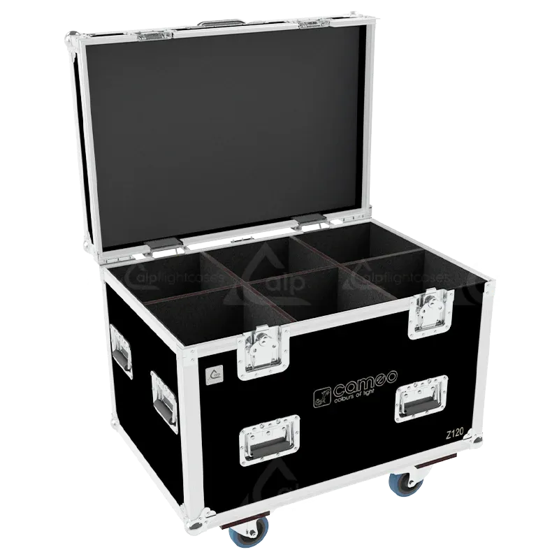 Empty flight case for 6x Cameo ZENIT Z120 with precision-cut compartments and accessory storage