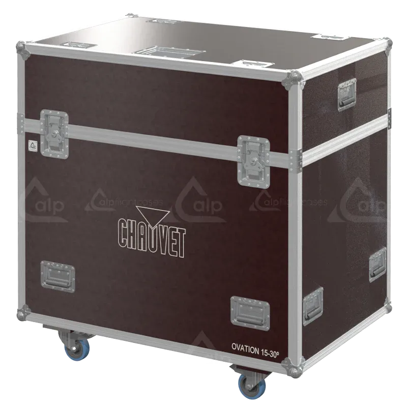 Front view of 6x Chauvet Ovation 15°–30° Zoom flight case with wheels and heavy-duty touring hardware
