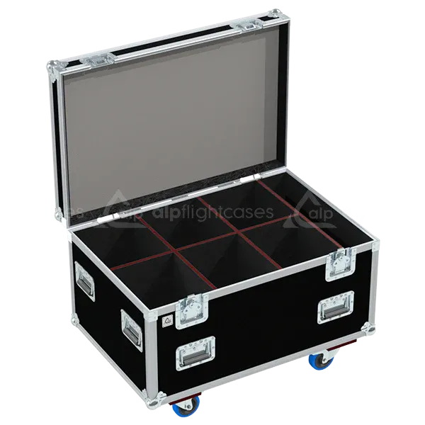 Empty flight case for 6x Chauvet Ovation 415VW showing precision-cut vertical slots and accessory storage