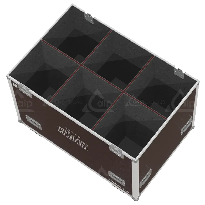 Empty flight case for 6x Chauvet Ovation E-910FC showing precision-cut slots for profile fixtures and lens tubes