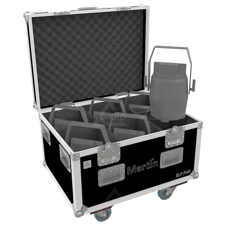 6 Martin ELP PAR LED static wash fixtures stored in custom CNC foam compartments for secure transport