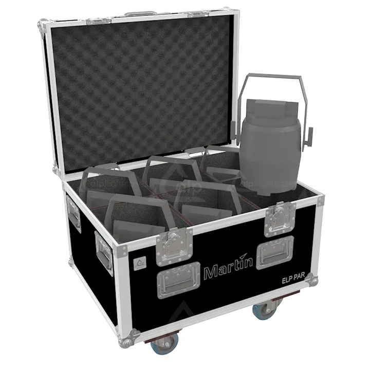 6 Martin ELP PAR LED static wash fixtures stored in custom CNC foam compartments for secure transport