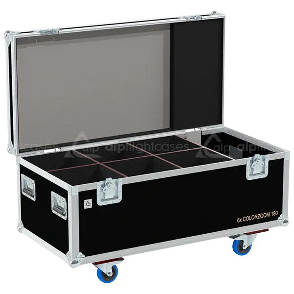 6 OXO Colorzoom 180 LED PAR fixtures stored in custom CNC foam compartments for secure transport