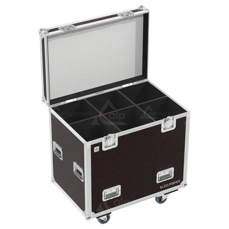 Empty flight case for 6x Prolights ECLPROFILE HD2 showing precision-cut slots for lenses and bodies