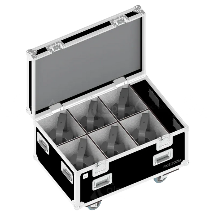 6 Prolights PIXIE ZOOM LED wash luminaires stored in custom CNC foam compartments for secure transport