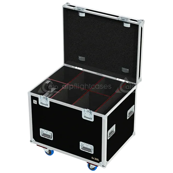 Empty flight case for 6x Robert Juliat 306L with precision-cut compartments and accessory storage