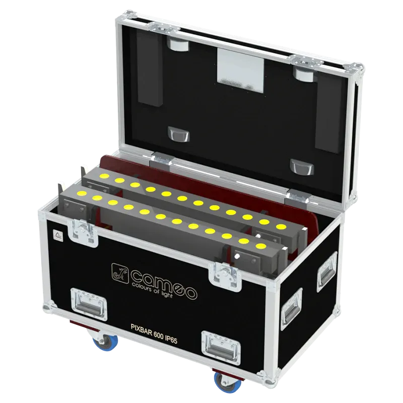 6x Cameo PixBar 600 Pro IP65 LED bars stored in ALP lighting flight case with custom CNC foam compartments