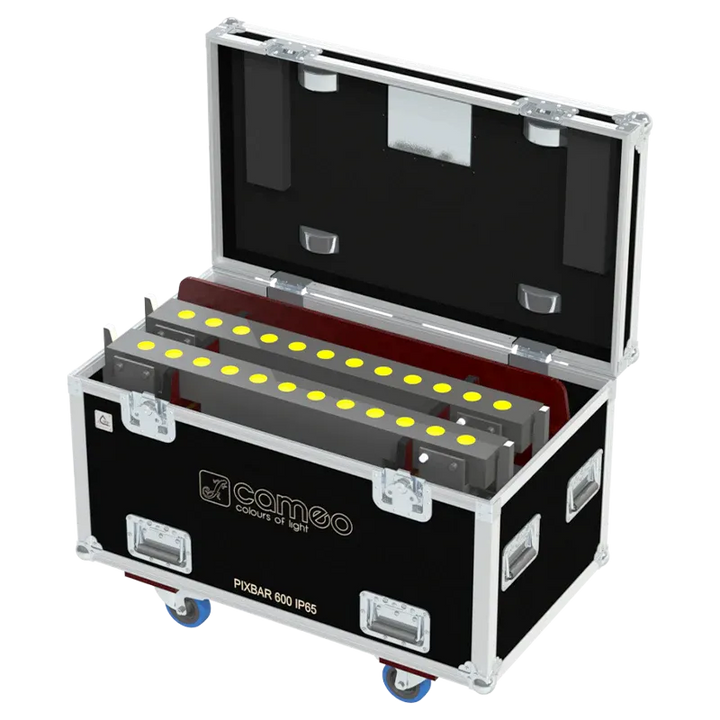 6x Cameo PixBar 600 Pro IP65 LED bars stored in ALP lighting flight case with custom CNC foam compartments