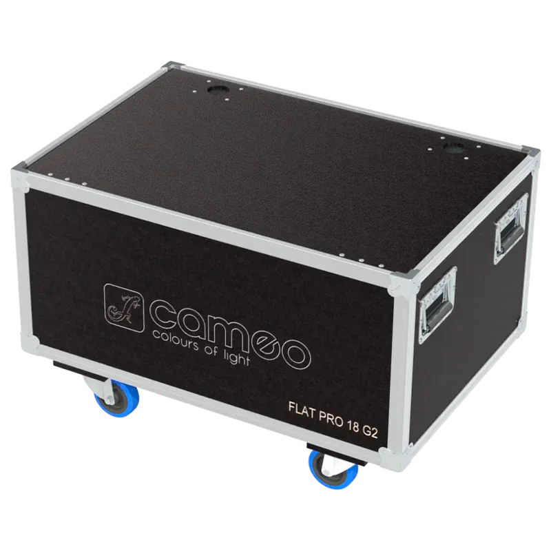 Front view of 6x Cameo FLAT PRO 18 G2 flight case with wheels and heavy-duty touring hardware