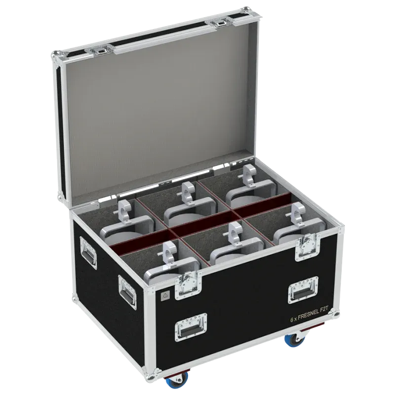 6x Cameo F2 T fixtures stored in custom CNC foam compartments with clamps attached for quick rigging