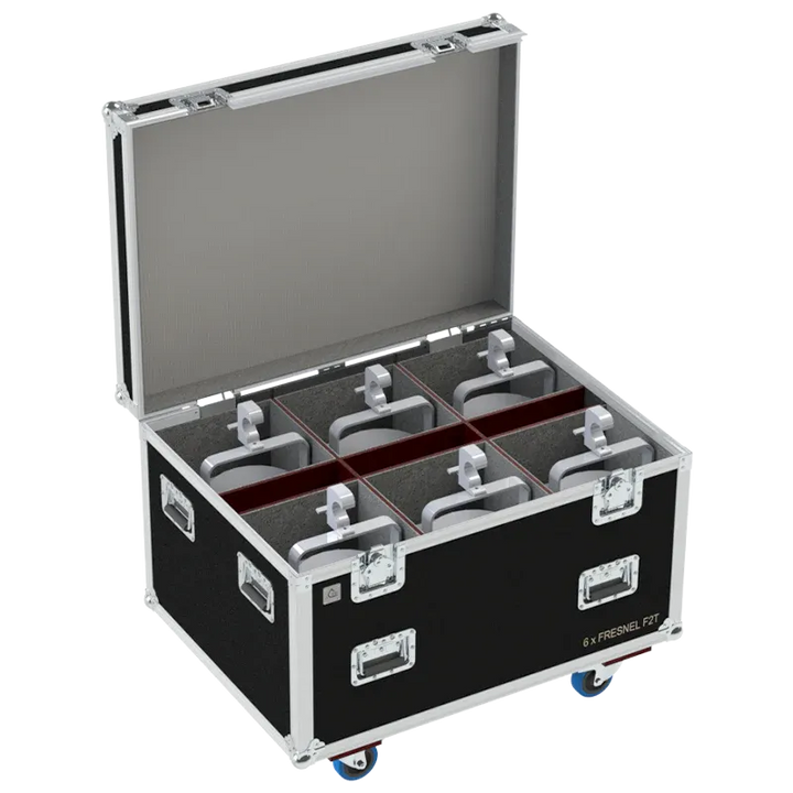 6x Cameo F2 T fixtures stored in custom CNC foam compartments with clamps attached for quick rigging