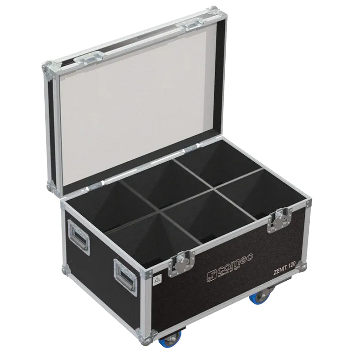 Empty flight case for 6x Cameo ZENIT W120 showing precision-cut slots and storage for diffusers or accessories