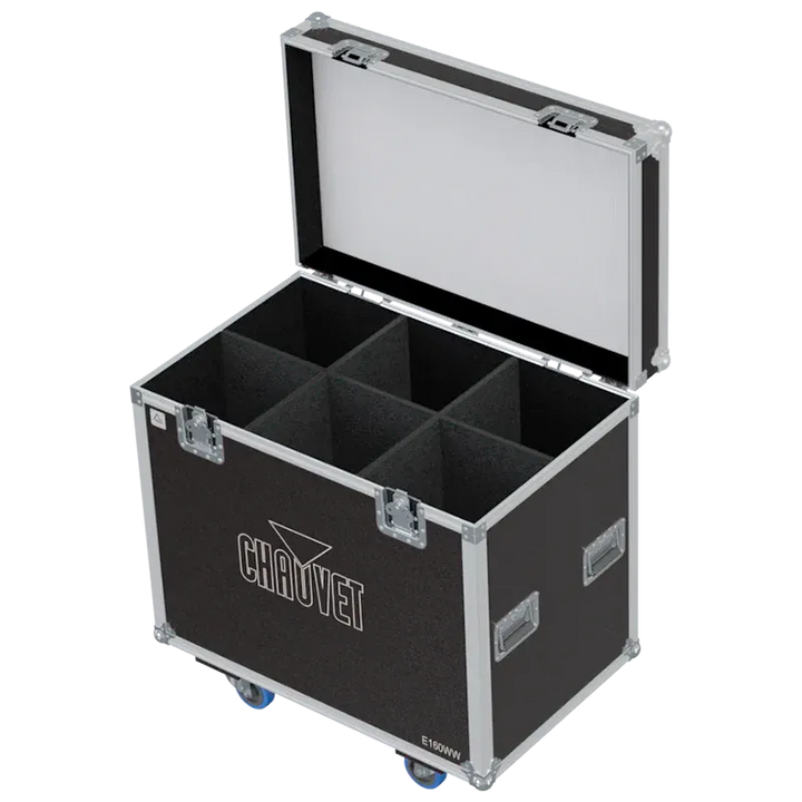 Empty flight case for 6x Chauvet E160WW showing vertical divider system and accessory compartment for shutters and cables