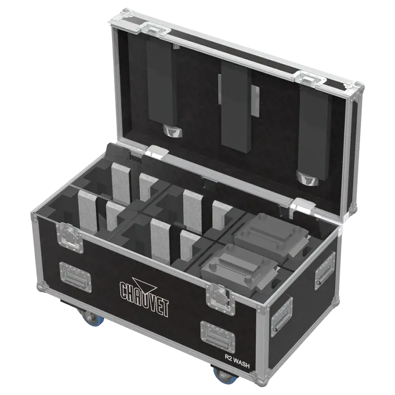 6x Chauvet Rogue R2 Wash Pro fixtures inside ALP flight case with custom CNC foam interior