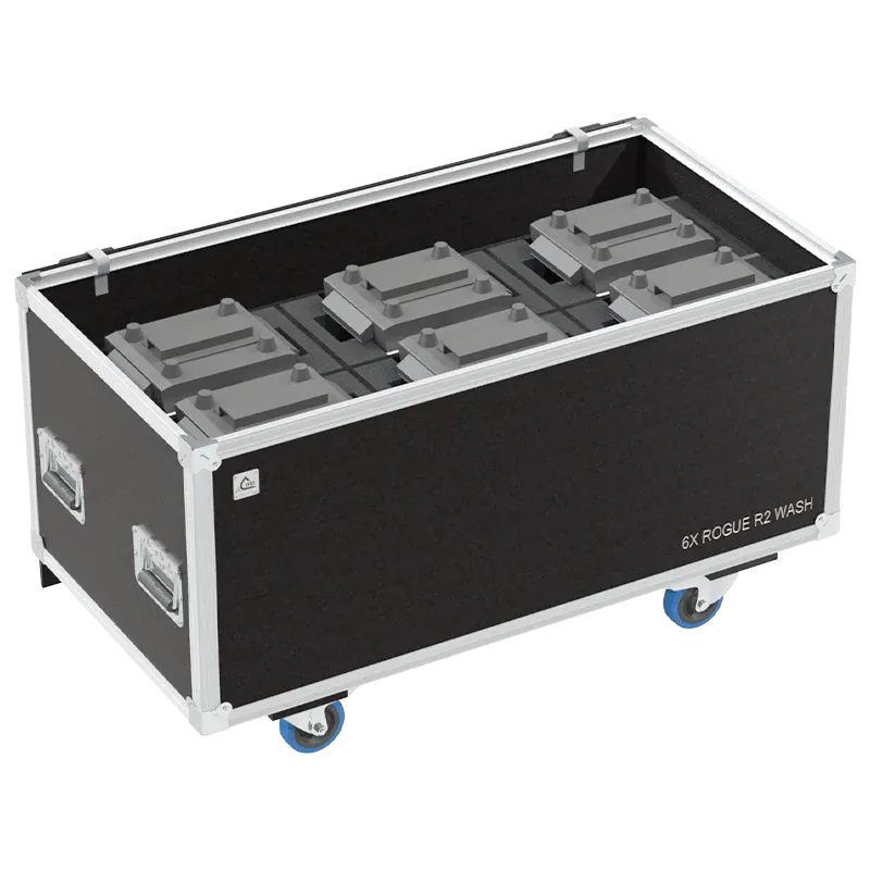 6x Chauvet Rogue R2 Wash fixtures inside ALP flight case with custom CNC foam interior