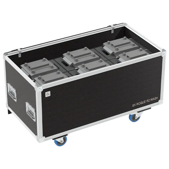 6x Chauvet Rogue R2 Wash fixtures inside ALP flight case with custom CNC foam interior