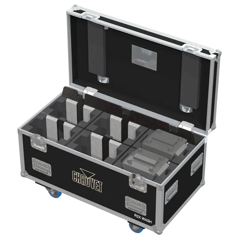 6x Chauvet Rogue R2X Wash fixtures inside ALP flight case with custom CNC foam interior