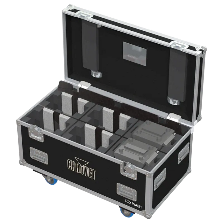 6x Chauvet Rogue R2X Wash fixtures inside ALP flight case with custom CNC foam interior