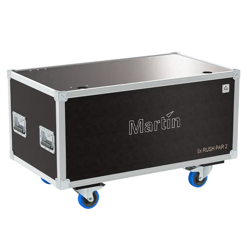 ALP FLIGHT CASES - Front view of 6x Martin Rush Par 2 flight case with heavy-duty hardware