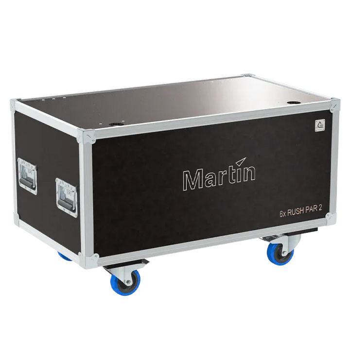 ALP FLIGHT CASES - Front view of 6x Martin Rush Par 2 flight case with heavy-duty hardware