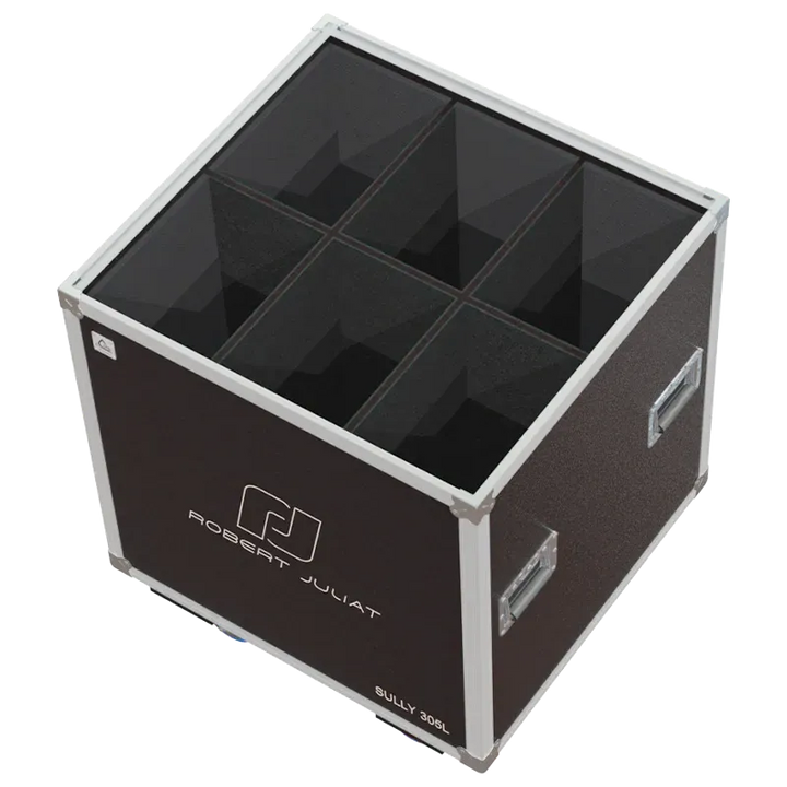 Empty flight case for 6x Robert Juliat Suly 305L with precision-cut compartments and accessory storage
