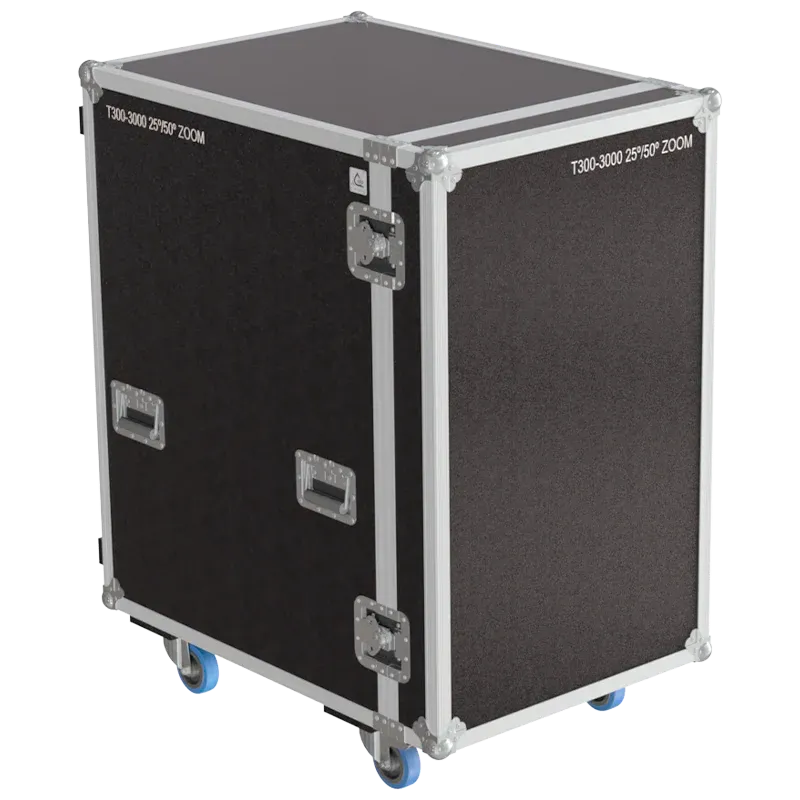 Front view of 6x Triton Blue T300 RGBAL Zoom flight case with wheels and heavy-duty touring hardware