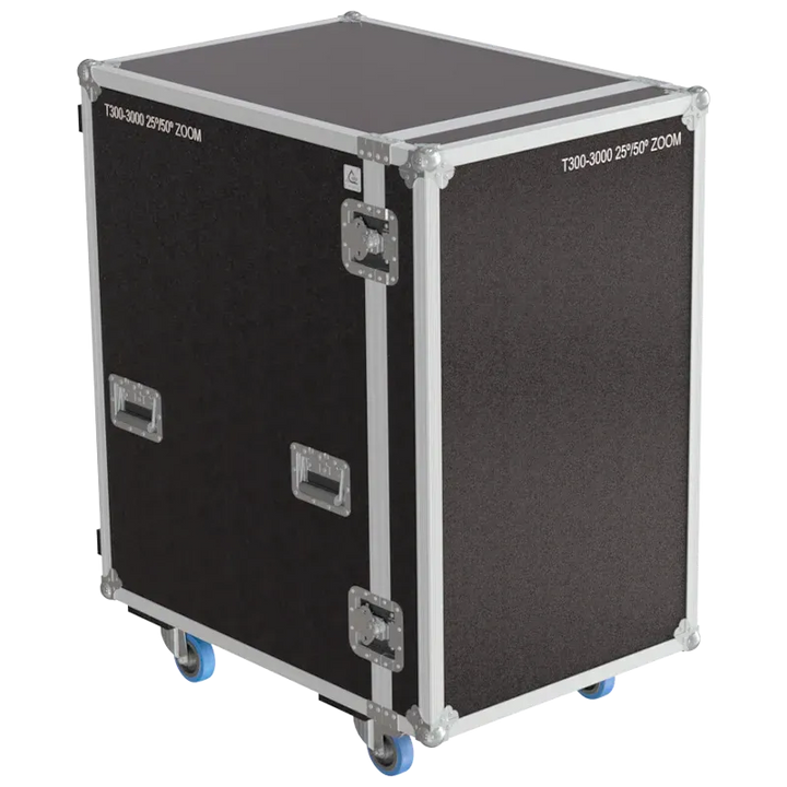 Front view of 6x Triton Blue T300 RGBAL Zoom flight case with wheels and heavy-duty touring hardware