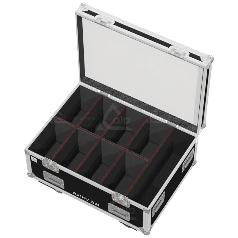 Empty flight case for 8x Cameo FLAT PRO 12 G2 with precision-cut compartments and accessory storage