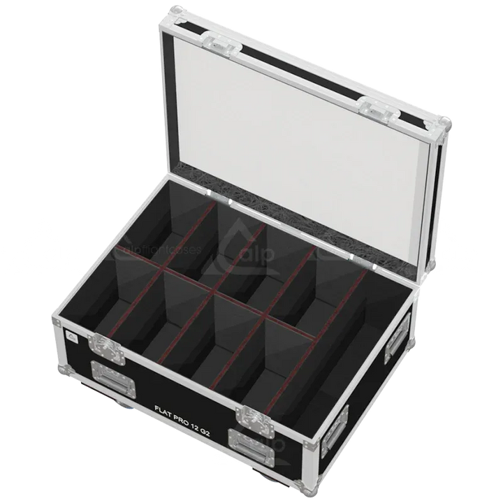 Empty flight case for 8x Cameo FLAT PRO 12 G2 with precision-cut compartments and accessory storage