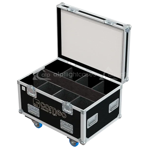 Empty flight case for 8x Cameo projectors showing precision-cut vertical slots and accessory storage space