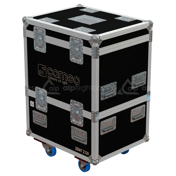 Front view of 8x Cameo ZENIT W120 flight case with wheels and heavy-duty touring hardware