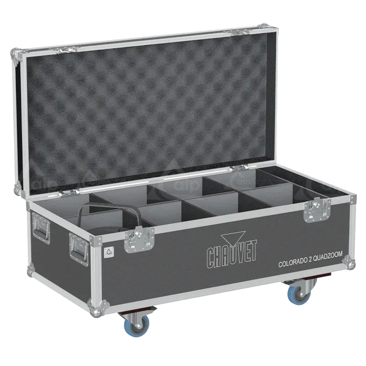 Empty flight case for 8x Chauvet COLORado 2-Quad Zoom showing high-density vertical slots and accessory space