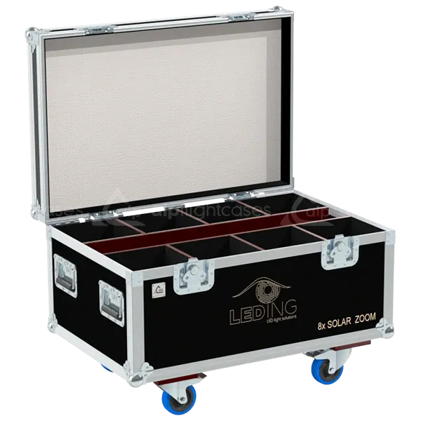 Empty ALP FLIGHT CASES 8-way trunk for LEDing Solar Zoom RGBW showing internal slots and accessory space