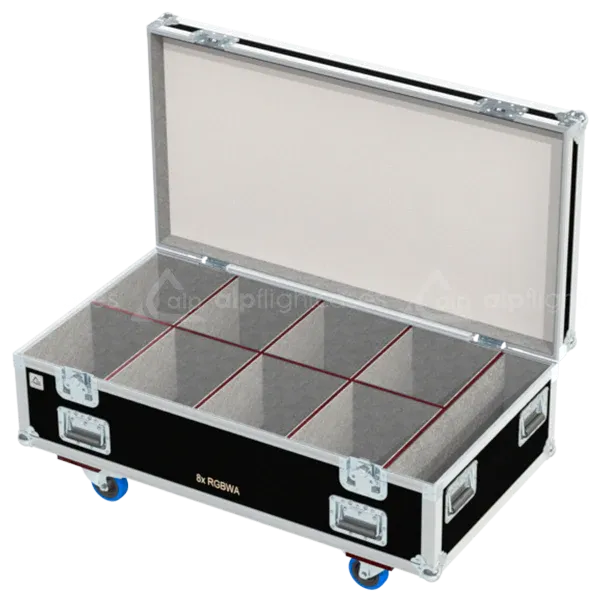 Empty flight case for 8x LED PAR RGBWA showing precision-cut vertical slots and accessory storage space