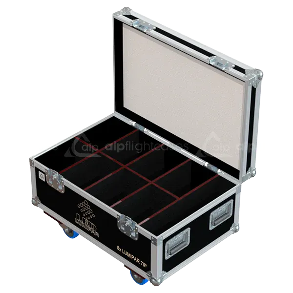 Empty ALP FLIGHT CASES 8-way trunk for LumiPar 7IP showing 8 internal slots and accessory space