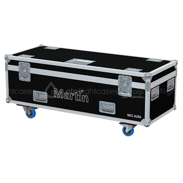 ALP FLIGHT CASES front view of 8x Martin MAC Aura flight case with heavy-duty touring hardware