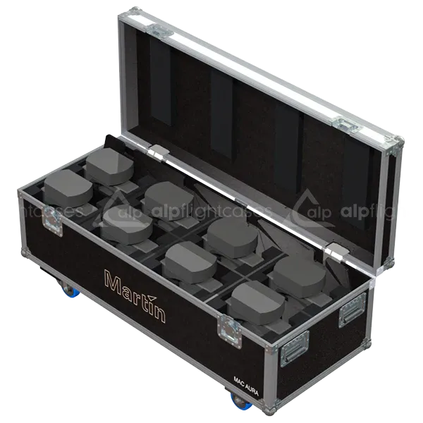 8x Martin MAC Aura fixtures inside ALP flight case with custom CNC foam interior