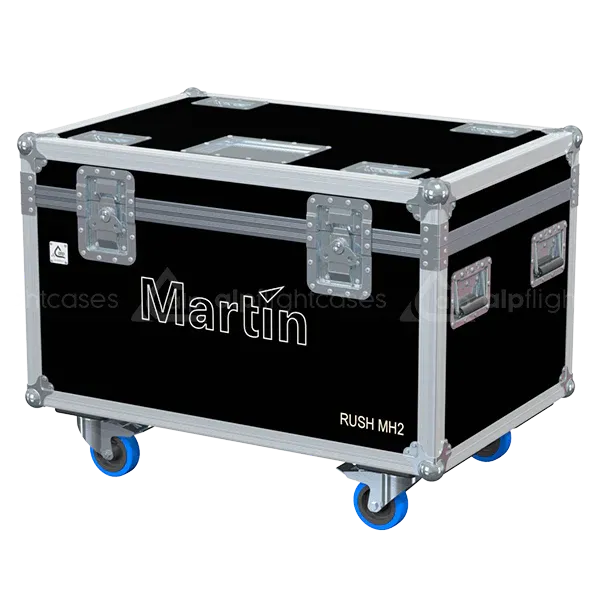 ALP FLIGHT CASES front view of 8x Martin RUSH MH2 Wash flight case with heavy-duty touring hardware