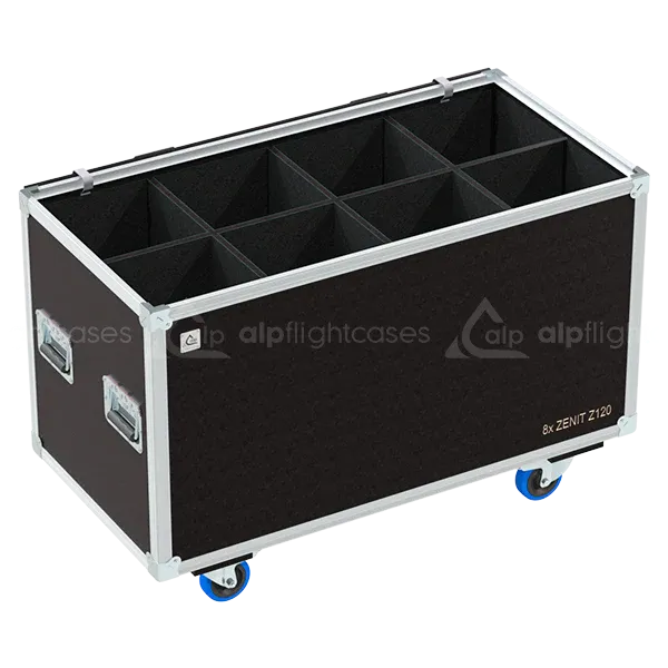 8x Cameo Zenit Z120 fixtures stored in ALP flight case with custom CNC foam compartments