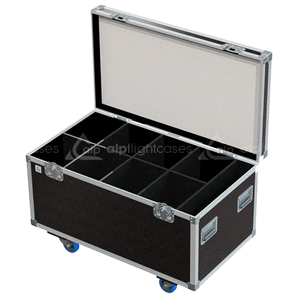 Empty ALP FLIGHT CASES 8-way PAR LED trunk showing 8 internal compartments and accessory space