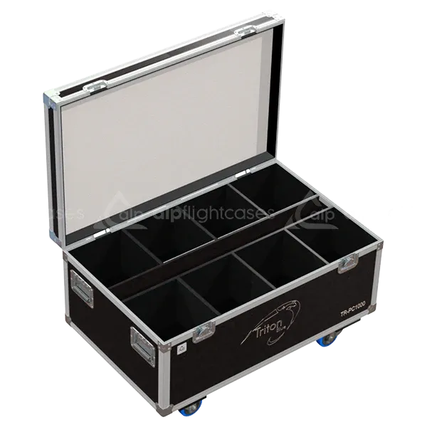 Empty flight case for 8x Triton Blue TR-PC1000 with precision-cut compartments and accessory storage