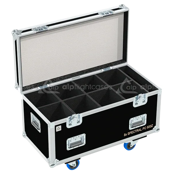 Empty flight case for 8x Showtec Spectral PC 600Z showing precision-cut vertical slots and accessory storage