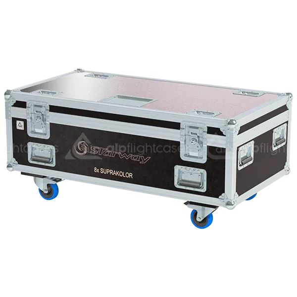 ALP FLIGHT CASES front view of 8x Starway SupraKolor flight case with 100mm wheels and touring hardware