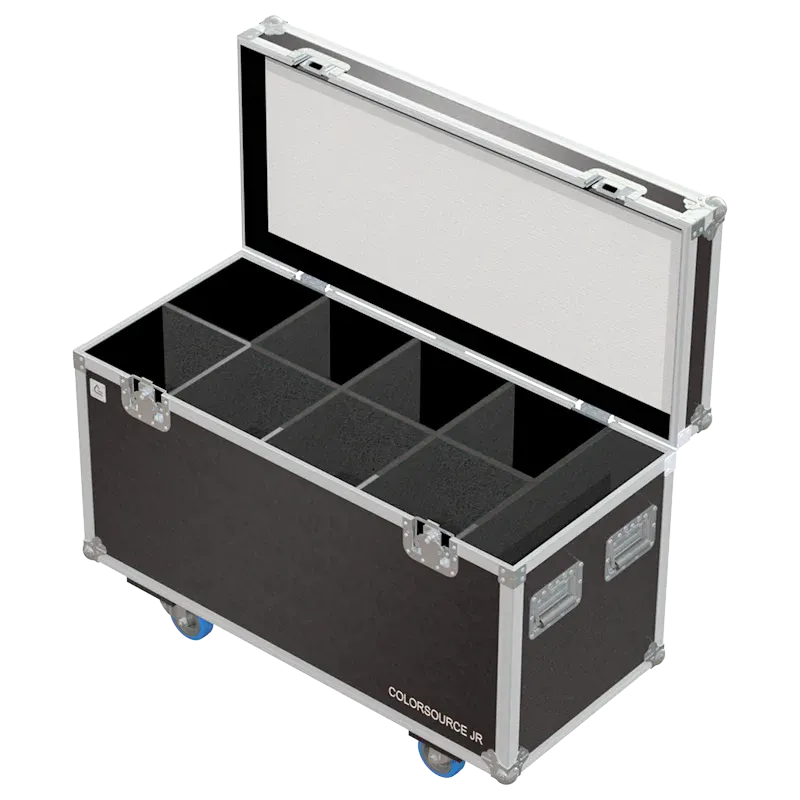 Empty flight case for 8x ETC ColorSource Spot junior showing high-density vertical slots and accessory storage